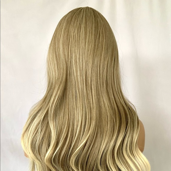 Long Ash Blonde Curling Iron Safe Fiber Wig with Bangs/Effortless Style - Picture 14 of 15
